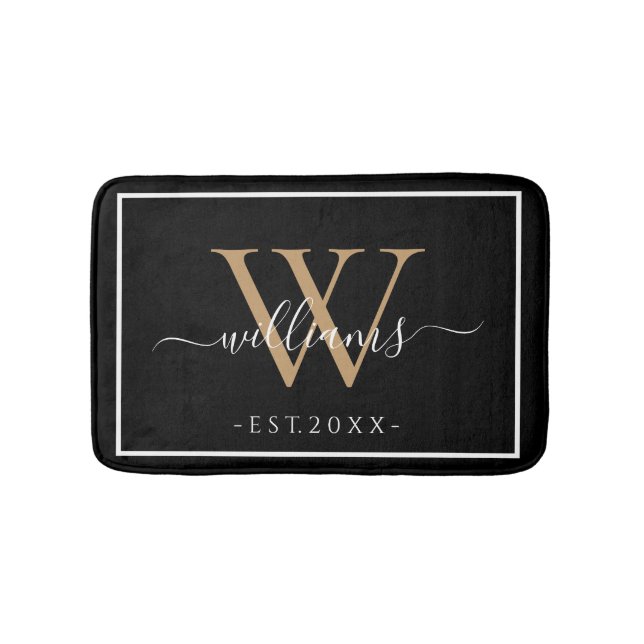 Monogram Chic Gold Script Names Wedding Date Black Bath Mat (Front)