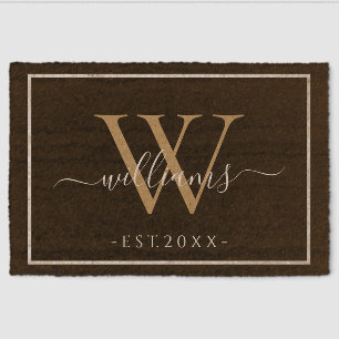 Monogram Chic Gold Script Names Wedding Date Black Fiber Doormat