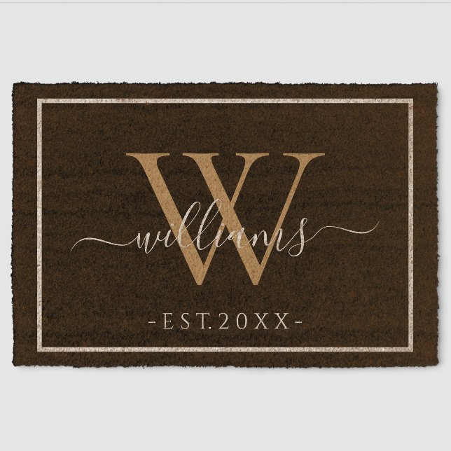 Monogram Chic Gold Script Names Wedding Date Black Fiber Doormat (Front)