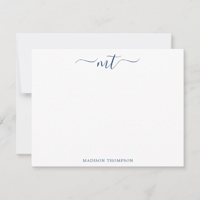 Monogram Chic Navy Blue Personalized Stationery Note Card (Front)