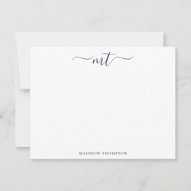 Monogram Chic Navy Blue Personalized Stationery Note Card (Front)