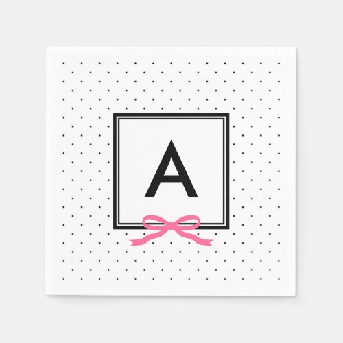 Monogram Chic Pink Ribbon Black  White Polka Dot Paper Napkins