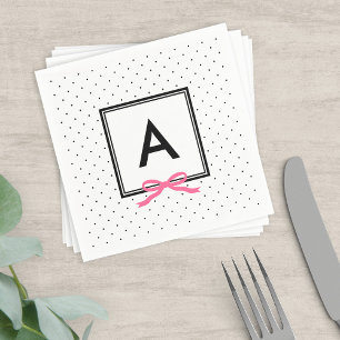 Monogram Chic Pink Ribbon Black & White Polka Dot Paper Napkins