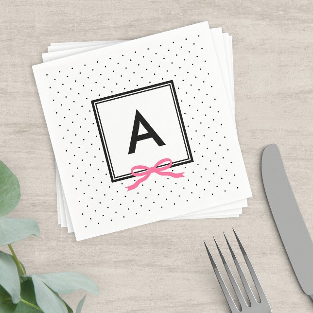 Monogram Chic Pink Ribbon Black & White Polka Dot Paper Napkins (Creator Uploaded)