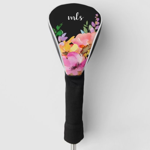 Monogram Chic Pink Watercolor Trendy Floral Black Golf Head Cover