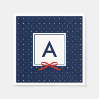 Monogram Chic Red Ribbon Blue Polka Dot Pattern Paper Napkin