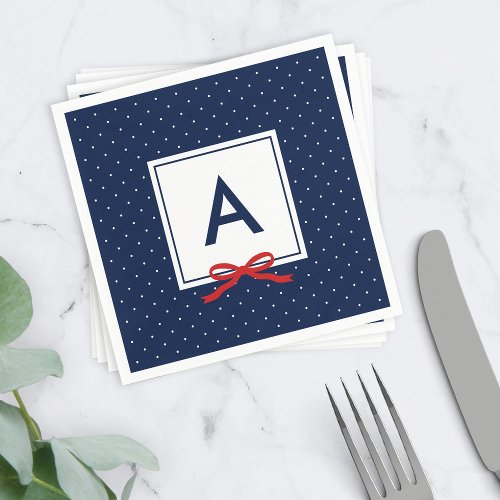 Monogram Chic Red Ribbon Blue Polka Dot Pattern Paper Napkins