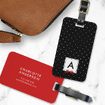 Monogram Chic Red Ribbon Polka Dot Black Luggage Tag<br><div class="desc">Travel in style with this chic monogram luggage tag featuring a black bordered square with a red ribbon against a black and white polka dot pattern. Personalize it by replacing the placeholder text. For more options such as to change the font and it's size/color or the spacing between letters click...</div>
