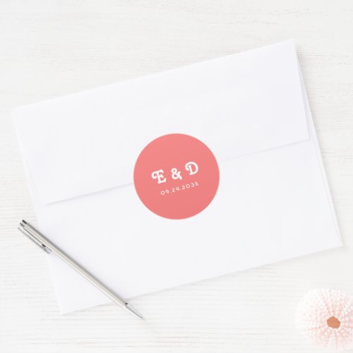 Monogram Chic Retro Bright Coral Pink Wedding Classic Round Sticker