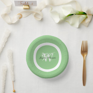 Monogram chic script names elegant soft green paper bowls