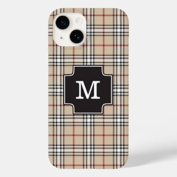 Monogram Chic Tartan Plaid Tan Red Black White Cas Case-mate Iphone 14 Case by PineAndBerry at Zazzle