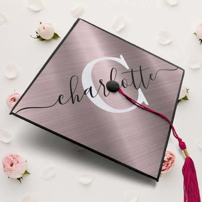Monogram Chic Trendy Blush Pink Brushed Metal Graduation Cap Topper (Creator Uploaded)
