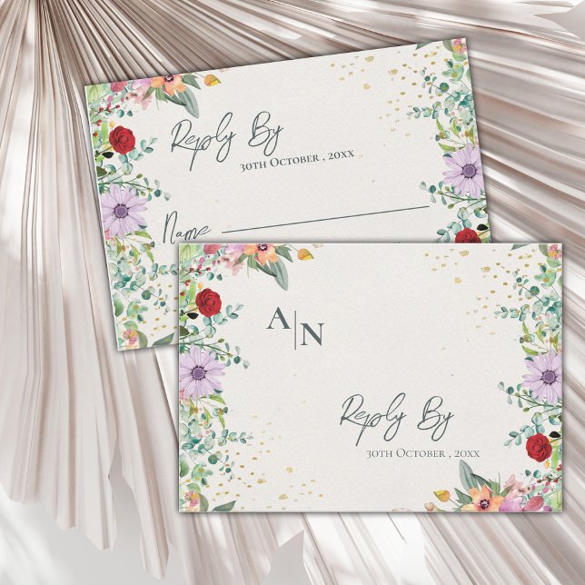 Monogram Chic Watercolor Wildflower Floral Wedding RSVP Card (Monogram Chic Watercolor Wildflower Floral Wedding RSVP Card)