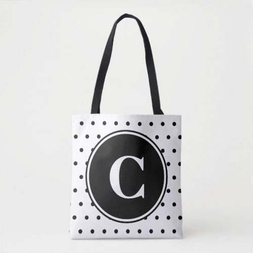 Monogram Chic White Black Polka Dots Tote Bag