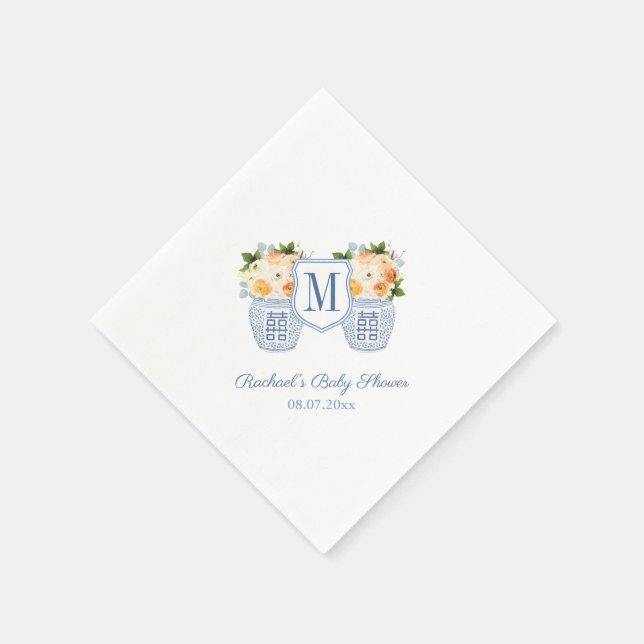 Monogram Chinoiserie Autumn Flowers Baby Shower Napkins (Corner)