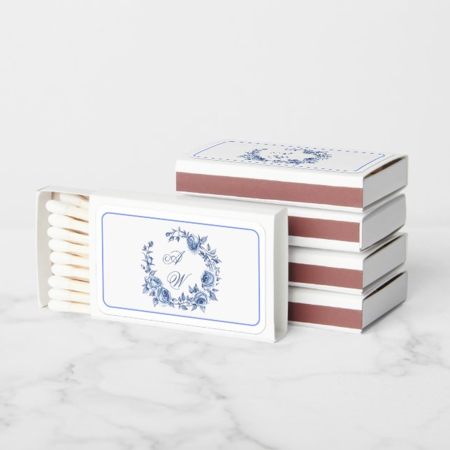 Monogram Chinoiserie Blue and White Wedding Matchboxes (Stacked)