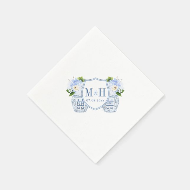 Monogram Chinoiserie Chic Blue And White Wedding Napkins (Corner)
