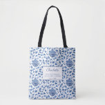 Monogram Chinoiserie Wedding Bridesmaid Thank You Tote Bag<br><div class="desc">The background of this gift bag design is a blue and white watercolor pattern, originally handpainted by me, inspired by the patterns you can see on antique ginger jars. On one side is a thank you message relating to the wedding; on the other side is the initial of the recipient....</div>