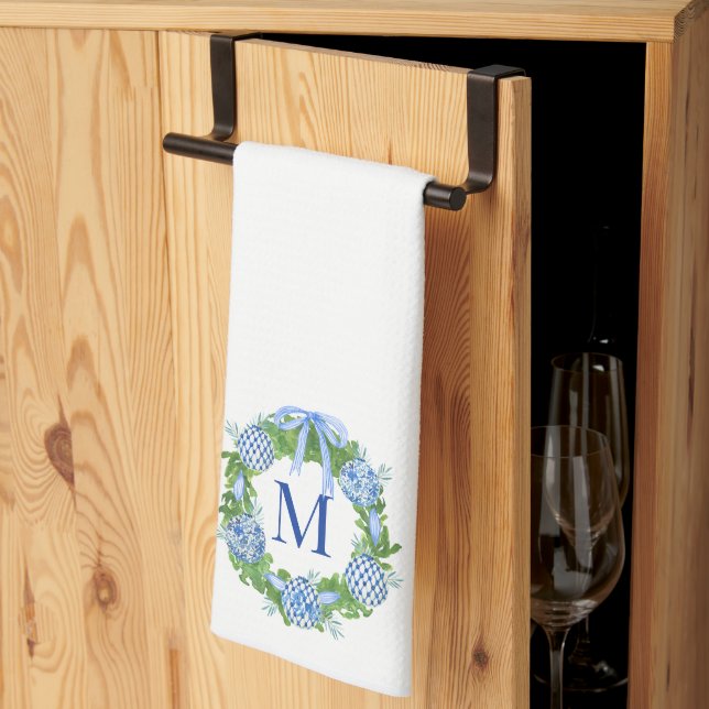 Monogram Chinoiserie Wreath, Grandmillenial Kitchen Towel (Thirds Fold)
