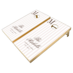 Monogram Chocolate Brown Stripes Script Wedding Cornhole Set