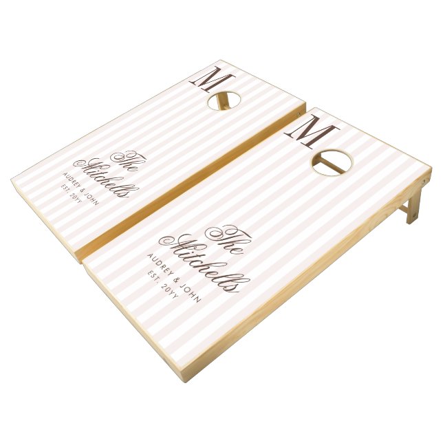 Monogram Chocolate Brown Stripes Script Wedding Cornhole Set (Angled)
