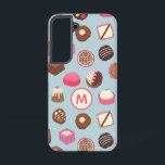 Monogram Chocolate Candy Confectionery Samsung Galaxy S22 Case<br><div class="desc">Delicious chocolate and candy confectionery pattern on a duck egg blue background full of sweet treats and temptations!  Change the monogram initial to customize.</div>