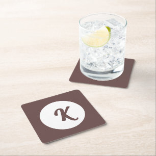 Monogram chocolate plum and white square paper coaster