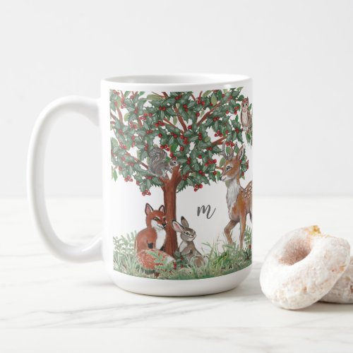 Monogram Christmas Animals Cute Woodland Scene  Coffee Mug