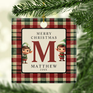 Monogram Christmas Elf Photo Tree Ceramic Ornament