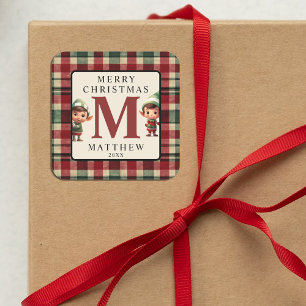 Monogram Christmas Elf Square Sticker