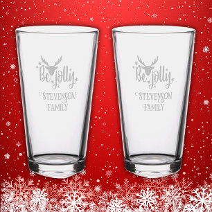 Monogram Christmas - Family Name Be Jolly Etched  Pint Glass