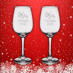 Monogram Christmas - Family Name Be Jolly Etched  Wine Glass