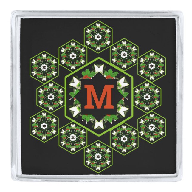 Monogram Christmas Geometric Design Silver Finish Lapel Pin (Front)