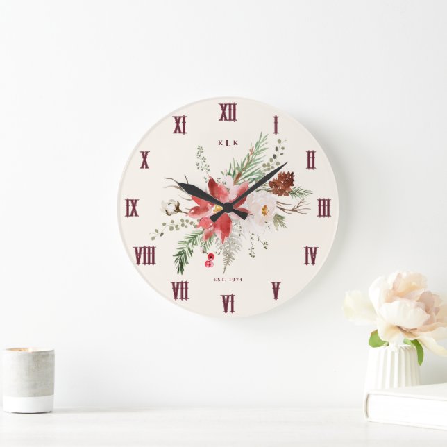 Monogram Christmas Gift Poinsettia Christmas Large Clock (Home)