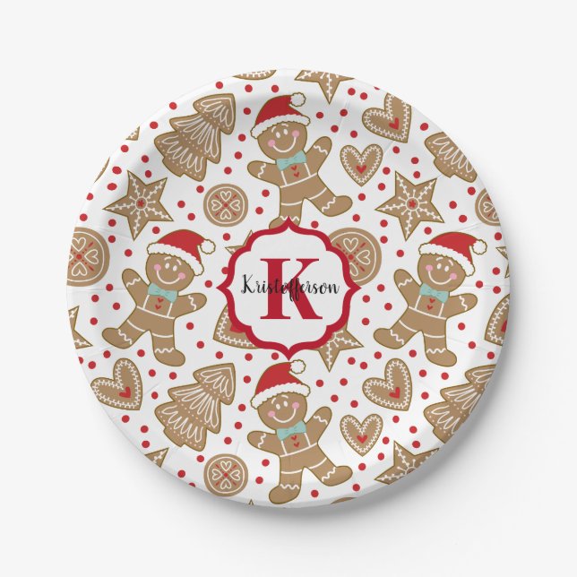 Monogram Christmas Gingerbread Man Paper Plates (Front)