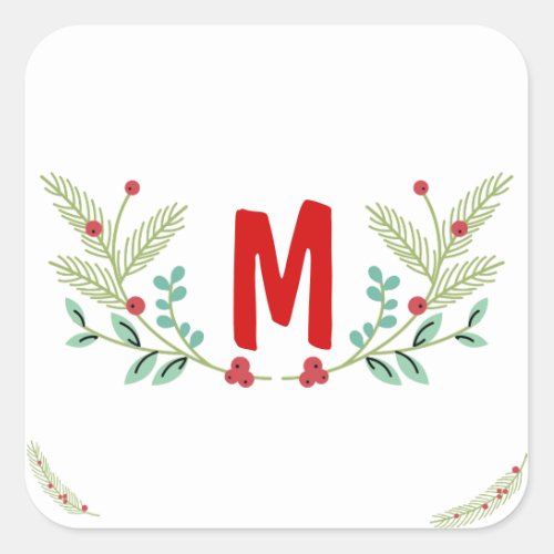 Monogram Christmas Greenery Design Square Sticker