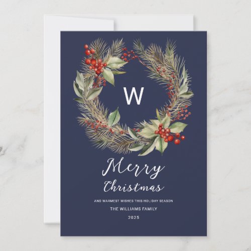 Monogram Christmas Greenery Wreath  on Navy Blue  Holiday Card