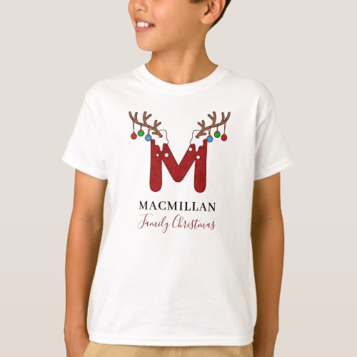 Monogram Christmas Holiday Antlers Matching Family T_Shirt
