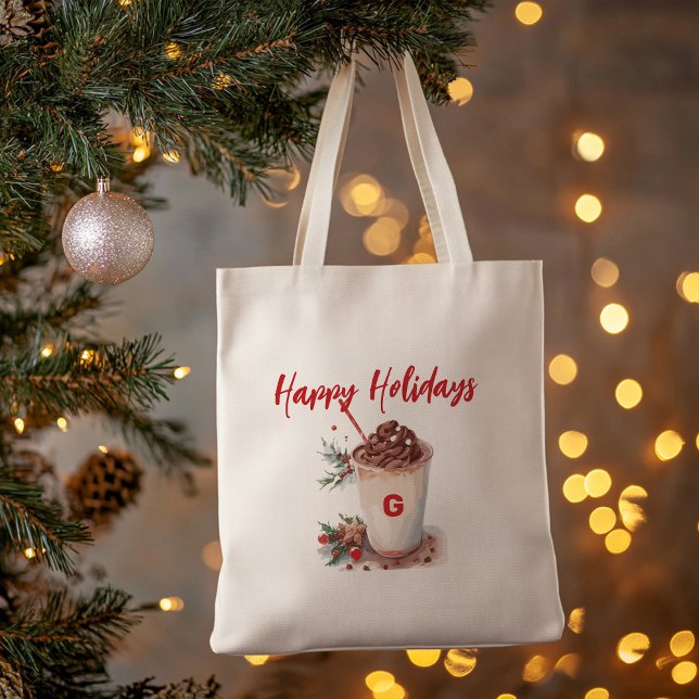 Monogram Christmas Holiday Coffee Mingle Tote Bag (Creator Uploaded)