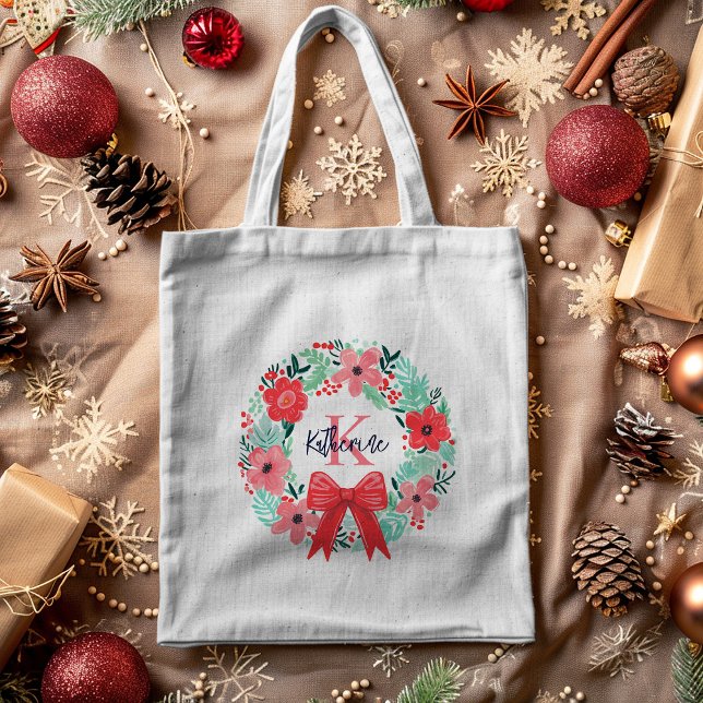 Monogram Christmas Holiday Red Pink Floral Wreath  Tote Bag (Creator Uploaded)