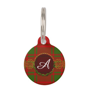 Monogram Christmas Holiday Tartan Pet Name Tag