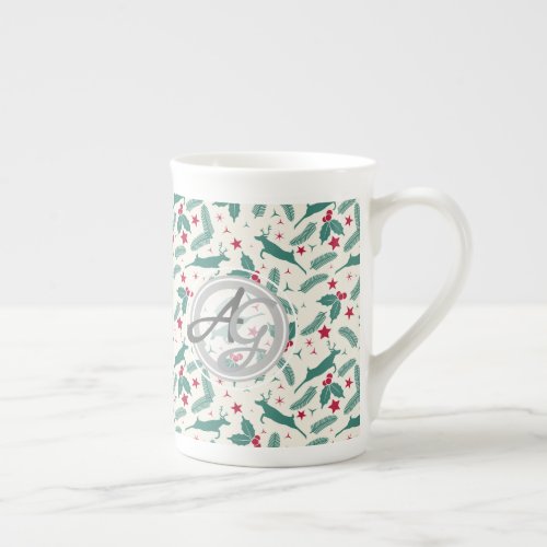 Monogram Christmas Holidays Decor Stag Holly Folk Bone China Mug