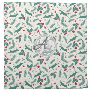 Monogram Christmas Holidays Decor Stag Holly Folk Cloth Napkin