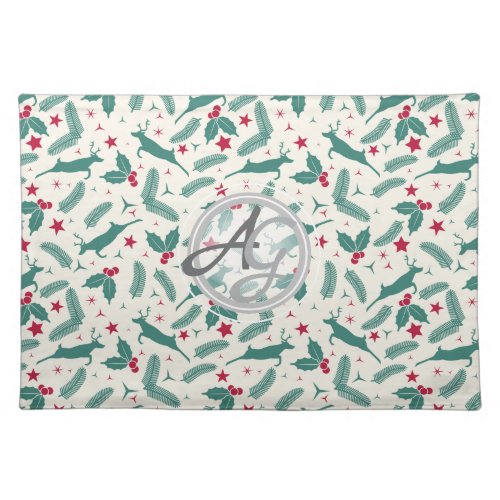 Monogram Christmas Holidays Decor Stag Holly Folk Cloth Placemat