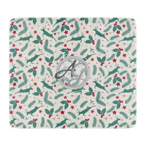 Monogram Christmas Holidays Decor Stag Holly Folk Cutting Board