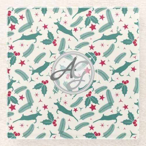 Monogram Christmas Holidays Decor Stag Holly Folk Glass Coaster