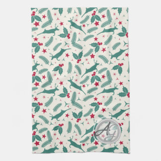 Monogram Christmas Holidays Decor Stag Holly Folk Kitchen Towel
