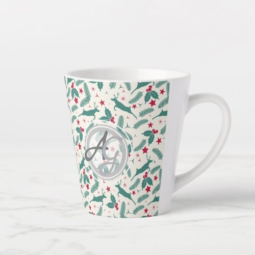 Monogram Christmas Holidays Decor Stag Holly Folk Latte Mug