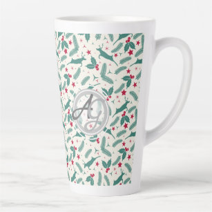 Monogram Christmas Holidays Decor Stag Holly Folk Latte Mug