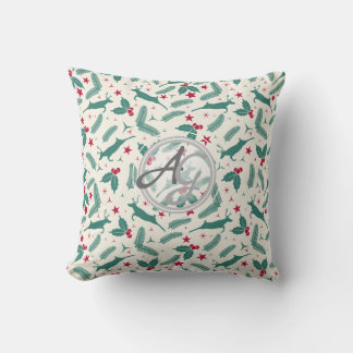 Monogram Christmas Holidays Decor Stag Holly Folk Throw Pillow